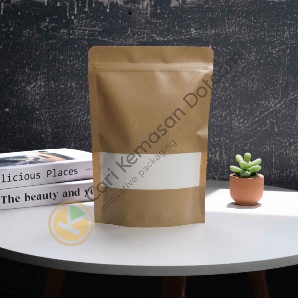 Standing Pouch Kraft Paper Ziplock + Window Coklat Ukuran 140 x 200 mm