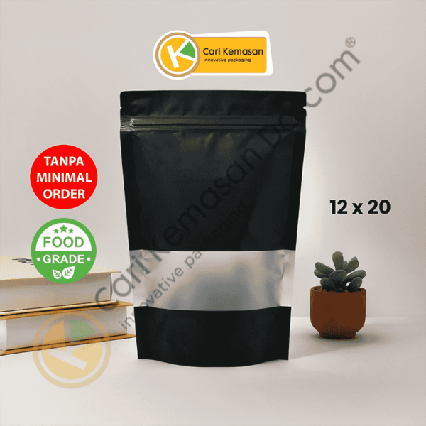 Standing Pouch Ziplock Window Hitam Ukuran 120 x 200 mm
